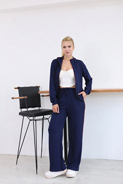 YONEZ MODA Women's Ribbed Zippered High Collar Wide Leg Two-Piece Tracksuit Set