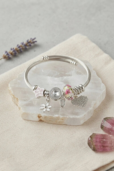 ARMÜZ Silver Color Bracelet with Heart and White Charms
