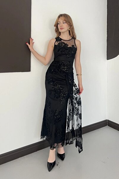 MOZENA Flok Baskı Bağlama Detaylı Siyah Simli Tül Elbise