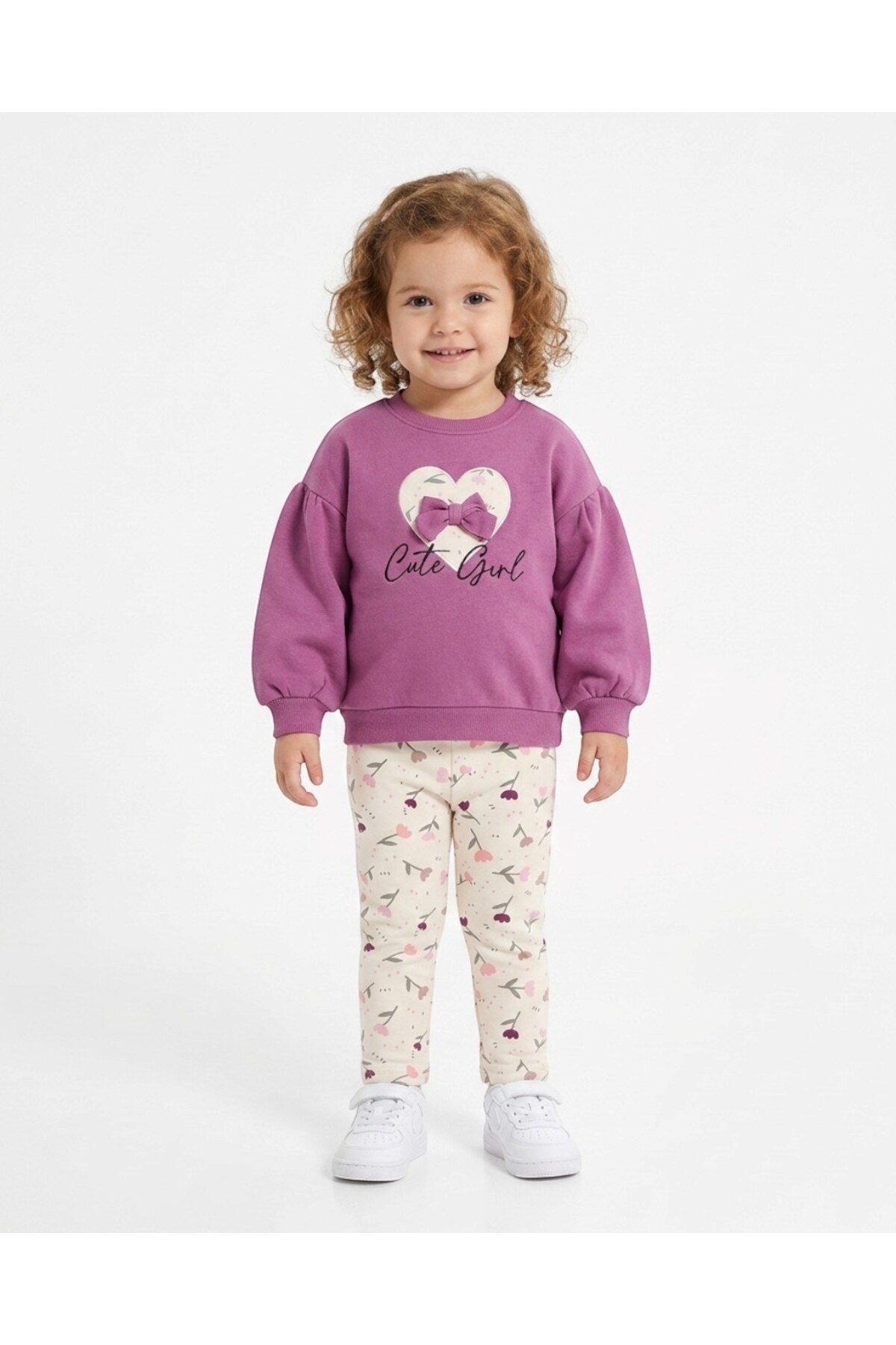 VOY KİDS Girl's Winter 3-Strand Ribbon Heart Embroidered Top and Bottom Track...