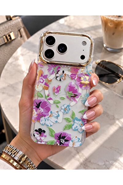 KILIF HOUSE Iphone 14 Pro Max Uyumlu Gold Kamera Çerçeveli Şeffaf Desenli Mag...