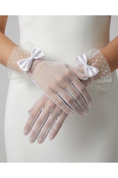 Mortex White Polka Dot and Bow Detailed Tulle Short Women's Gloves – Accessory for Wedding, Engagement, Nikkah, Henna Night, Prom, Event, Party, Costume, Graduation, Bachelorette, and Photo Shoot