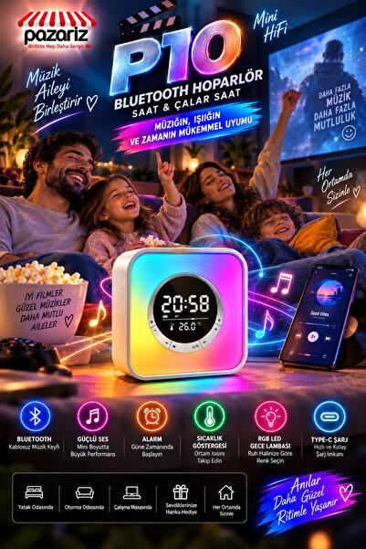pazariz RGB LED Bluetooth Hoparlörlü Dijital Masa Saati, Çalar Saat, Gece Lambası, Termometre, Ambiyans Işığı ve Kablosuz Şarj Destekli Çok Fonksiyonlu Akıllı Saat P10