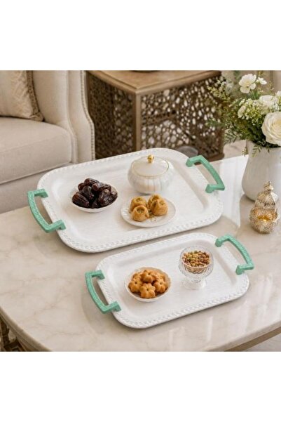 Generic Metal Serving Tray Set 2 Pieces - White with Green Handles