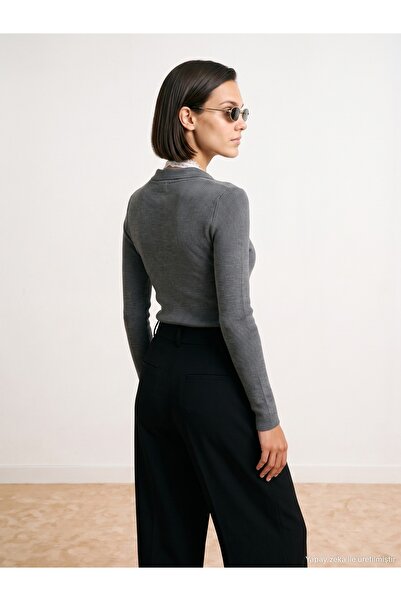 Dilvin 10686 High Collar Buttoned Knit Sweater