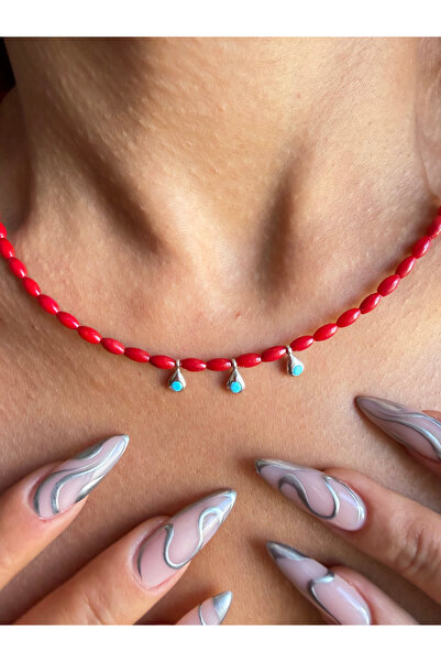 Aida Jewelss Gümüş Kilitli Arpa Kesim Mercan Taşlı Gümüş Turkuaz Aparatlı Doğ...