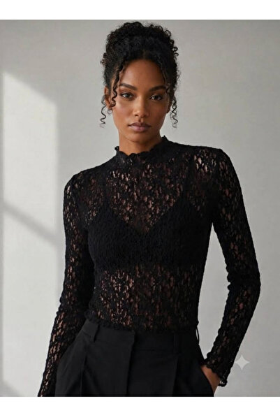 Emina Stil Kadın yarı dik yaka dantelli şık gece bluz uzun kollu modeli ile