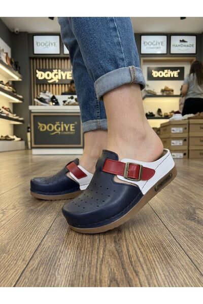 DOGİYE 3306 نعال تشريحية باللونين الأزرق الداكن والأبيض مع حزام أحمر