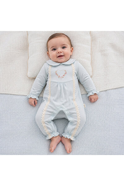 ese bebe Yenidoğan Kız Bebek Bebe Yaka Kalp Nakışlı Dantelli Fırfırlı Tulum