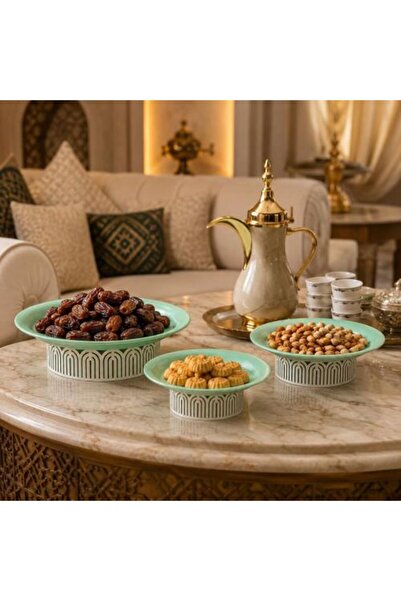 Generic طقم صواني تقديم مرتفعة، 3 قطع - أخضر مع قواعد بيضاء