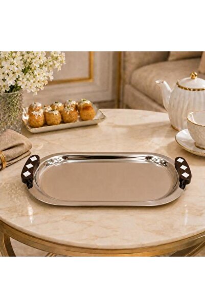 Generic Luxury rectangular steel serving tray with ornate handles