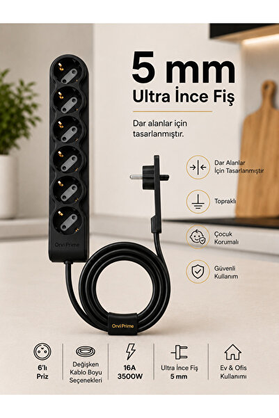 ORVİ prime 6’lı Priz Uzatma Kablosu 3 m Siyah Topraklı 5 mm Ultra İnce Fişli ...