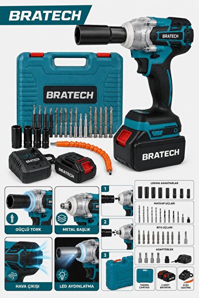 BRATECH Çok Fonksiyonlu Şarjlı Somun Sökme Tabancası - Komple Uç ve Lokma Set...