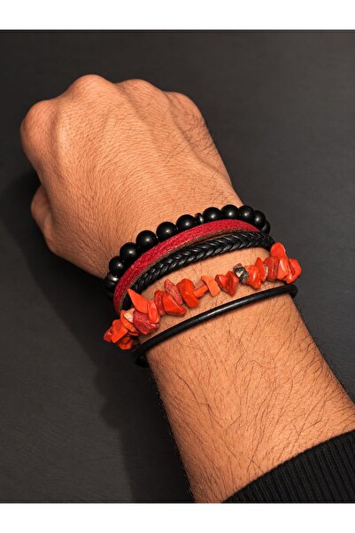 Bujiteri Men's Bracelet Orange Natural Stone Black Beads Leather Weave Stylis...