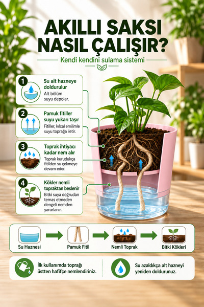 ByKurt Akıllı Saksı Kendi Kendini Sulayan Fitilli Modern Dekoratif Pembe Saksı 2 Litre