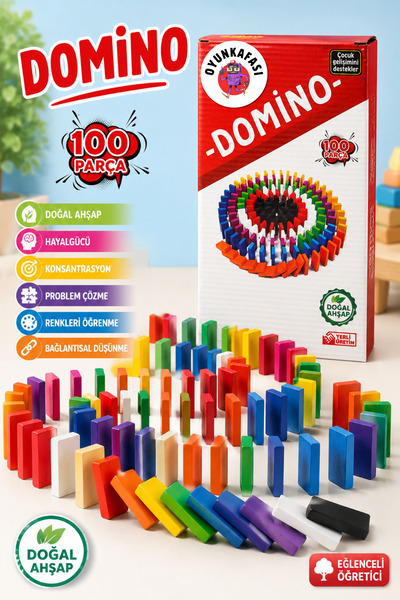 OYUNKAFASI 100 Parça Renkli Ahşap Domino Oyunu – Eğitici Dizme Devirme ve Den...