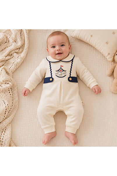 ese bebe Erkek Bebek Atlıkarınca Nakışlı Bebe Yaka Lacivert Detaylı Uzun Koll...