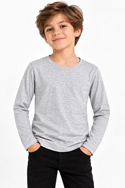 LUCEVERA Children's Long Sleeve Gray Badi Unisex T-Shirt 100% Cotton Basic Cr...