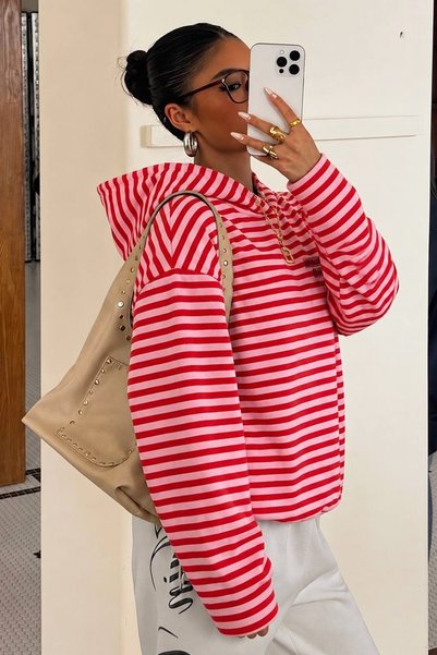 İlayda Toprak Hood Red-Pink Striped Hooded Comfortable Fit Hoodie Casual Long Sleeve Sweatshirt