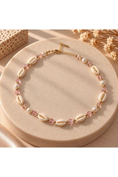 Boncuk Women's Necklace Pink and White Crystal Pearl Seashell Gold Beaded Ele...