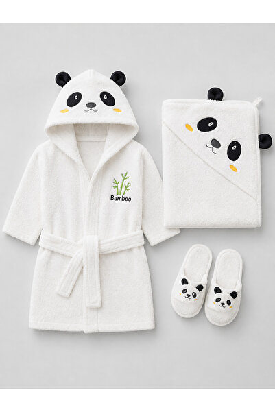Lilliy %100 Pamuk Yeni Doğan Bebek Bornoz Seti 3 Parça Panda Desenli Bambu Fi...
