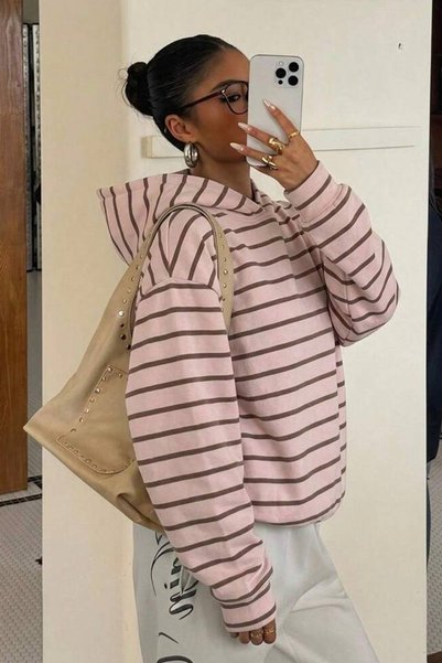İlayda Toprak Hood Pink Striped Pattern Hooded Oversize Hoodie Casual Long Sleeve Sweatshirt