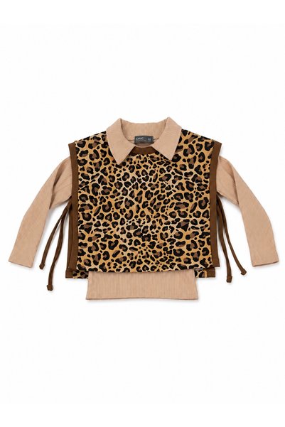 Oz Baby Girl's Leopard Patterned Vest 3-Piece Set – Blouse and Pants 4-11 Years