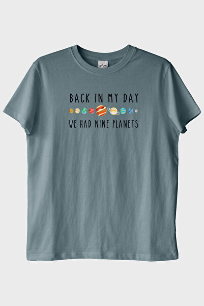 lofux Back in My Day We Had Nine Planets Baskılı Mavi T-Shirt