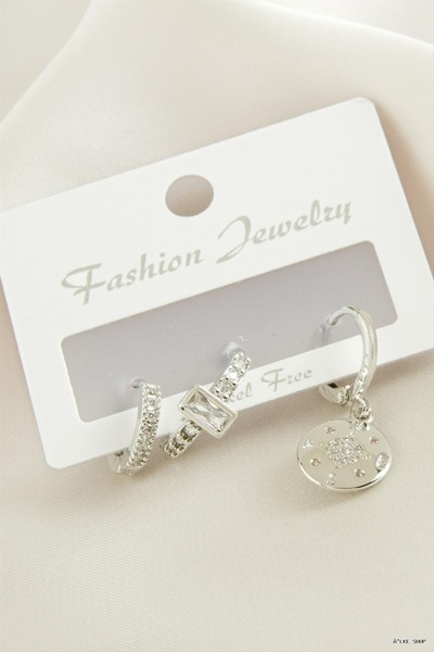 ZERO LAND Ilkestor 3 Pieces Flower Zircon Stone Earrings (21155) Silver Color