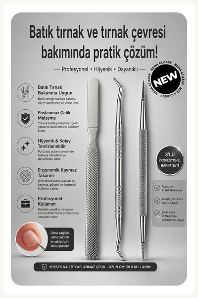 Nera Classy Profesyonel 3 Parça Batık Tırnak ve Tırnak Çevresi Bakımı, Paslan...