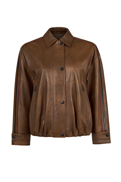 Derimod Nana Women's Brown Shirt Collar Oversized Short Leather Jacket 26Wgd5...