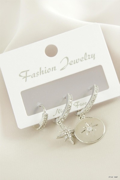 ZERO LAND Ilkestor 3 Pieces Star Zircon Stone Earrings (21205) Silver Color