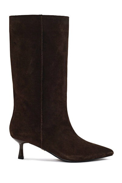 Derimod Women's Brown Thin Heeled Suede Leather Boots Af530002Ds