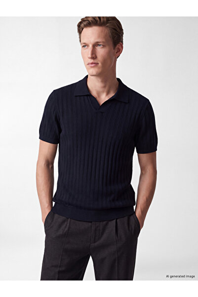LC Waikiki Peak New Season Navy Blue Polo Collar Ribbed Men's Knitwear T-Shirt