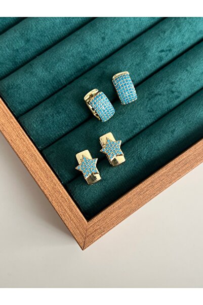 BusradanDesign Kadın Gold Mavi Taşlı Huggie Halka Küpe