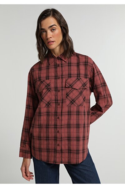 Colin's Fashion Fit Shirt Neck Ekoseli Kadın Turuncu Uzun Kol Gömlek