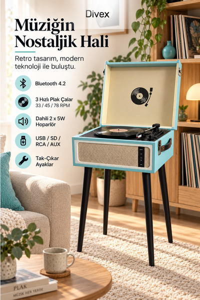 Divex Bluetooth Nostaljik Ayaklı Pikap – 33/45/78 Devir Plak Çalar, Dahili Ho...