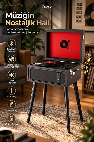 Divex Bluetooth Nostaljik Ayaklı Pikap – 33/45/78 Devir Plak Çalar, Dahili Ho...