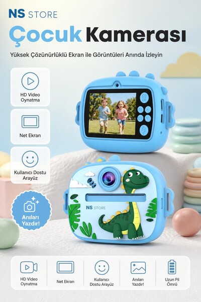 NS Store Çocuklar için Dijital HD Kamera Anında Termal Baskılı Fotoğraf Makinesi Mavi Renk