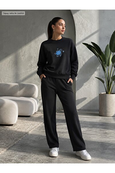 herkesemoda Turtle Printed Crew Neck 2 Threaded Yarn Raster Fabric Tracksuit Set