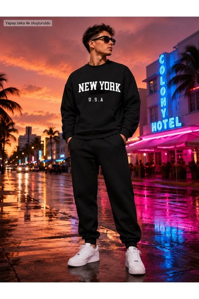 herkesemoda New York Usa Printed Crew Neck 2-Thread Raster Fabric Tracksuit Set