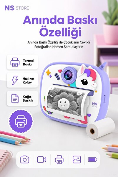 NS Store Çocuklar için Termal Kağıt Baskılı Dijital HD Fotoğraf ve Video Kayıt Kamerası SD Kart Destekli