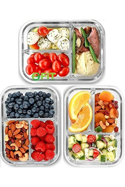 FIT STRONG & HEALTHY حاويات زجاجية لتحضير الوجبات بثلاثة أقسام، 3 قطع سعة 32 ...