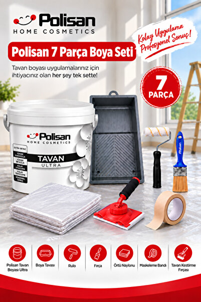 Polisan 7 Parça Boya Seti - Tavan Boyası, Tavan Kestirme Fırçası, Rulo, Hışır Örtü, Maskeleme Bantı, Kestirme Fırçası, Boya Kabı