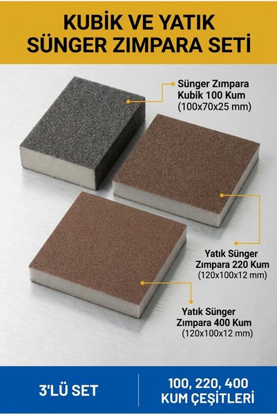 Uniflex Sünger Zımpara Seti 100-220-400 Kum Kubik ve Yatık 3'lü Paket El Zımp...