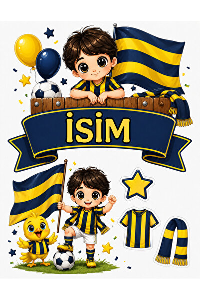 telaşe memuru İSİMLİ - Sarı Lacivert Taraftar Temalı Yenilebilir Pasta Süsü -...