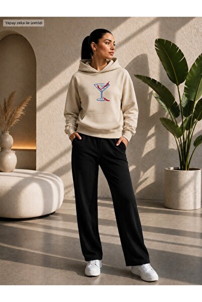 herkesemoda Cup Printed Hooded 2 Threaded Yarned Fabric Tracksuit Set