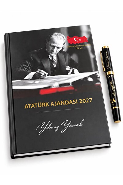 Halk Kitabevi Kişiye Özel 2027 Atatürk Ciltli Ajanda ve Yaldızlı Kabartmalı Kalem Y35