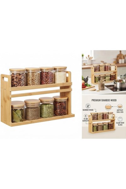 Generic Premium 2-Tier Bamboo Spice Rack Organizer with 8 Glass Jars, Countertop Spice Storage Holder for Kitchen Organization, Bamboo Stand with Airtight Lids for Herbs and Spices