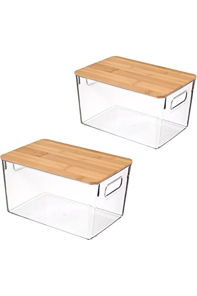 GENERAL 2 Set Clear Stackable Storage Boxes with Handles and Bamboo Wood Lid,...